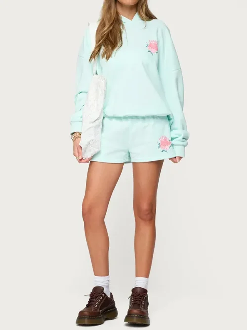 Custom mint green colour hoodies with 3D camellia embroidery - Image 4