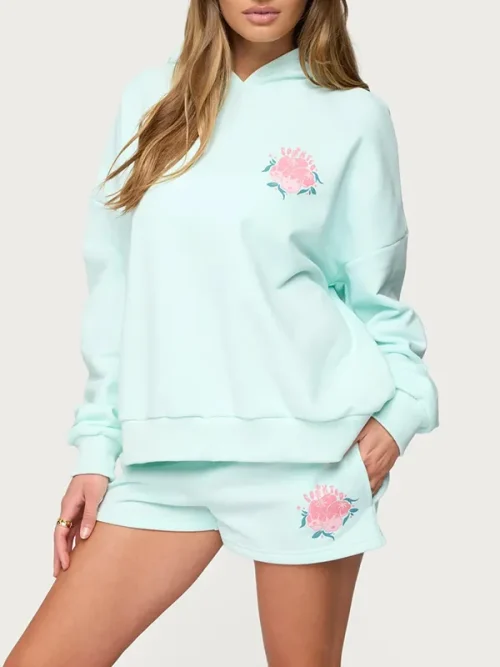 Custom mint green colour hoodies with 3D camellia embroidery