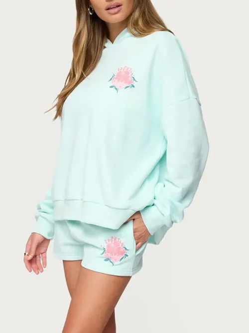 Custom mint green colour hoodies with 3D camellia embroidery - Image 2