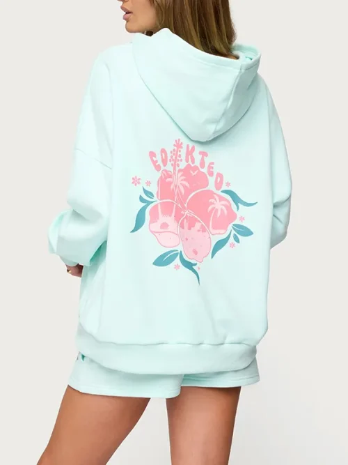 Custom mint green colour hoodies with 3D camellia embroidery - Image 3