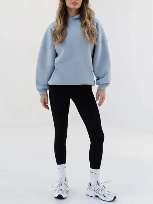 Drop shoulder sleeve light blue embroidery loose hoodie custom