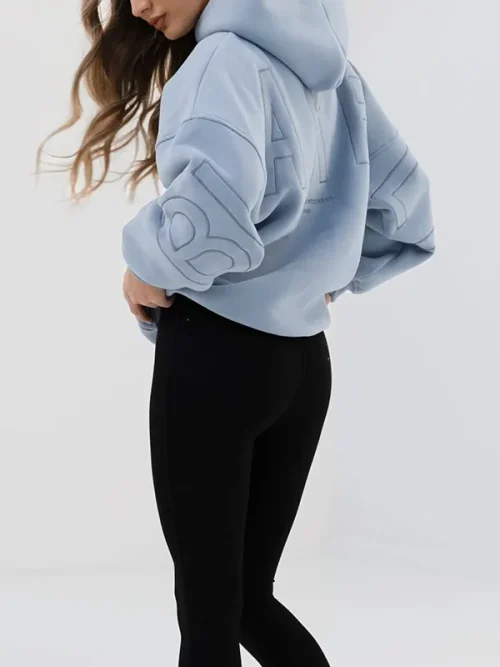 Drop shoulder sleeve light blue embroidery loose hoodie custom - Image 3