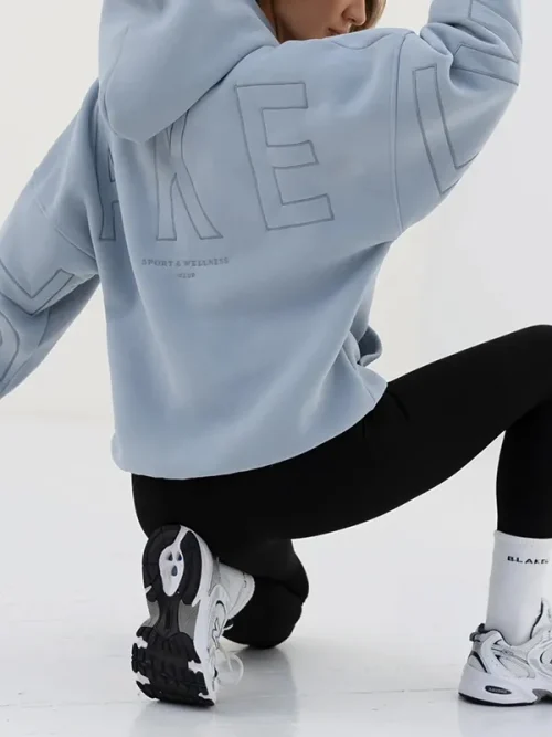 Drop shoulder sleeve light blue embroidery loose hoodie custom - Image 4