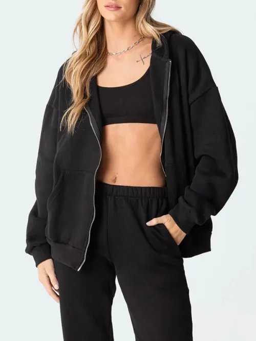 Good quality custom black zip-up hoodies jacket with dropped shoulders
